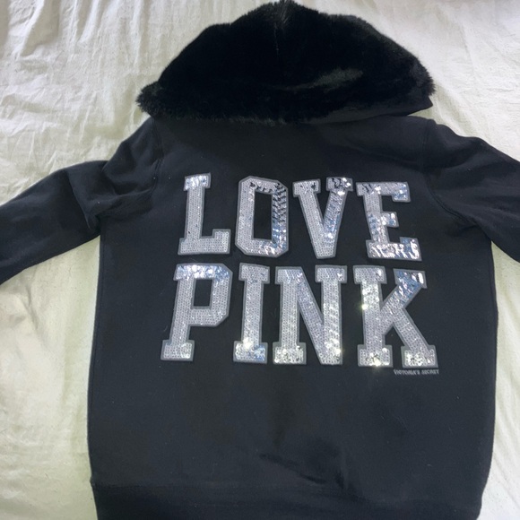 Furry PINK Victoria's Secret Black hoodie with Heart Accent - Picture 7 of 9